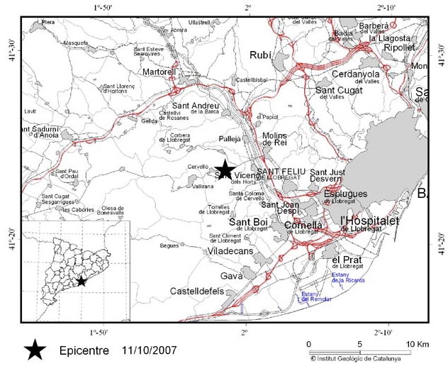 Ubicaci&oacute; de l'epicentre del terratr&egrave;mol de l'11 d'octubre de 2007 (Institut Geol&ograve;gic de Catalunya)